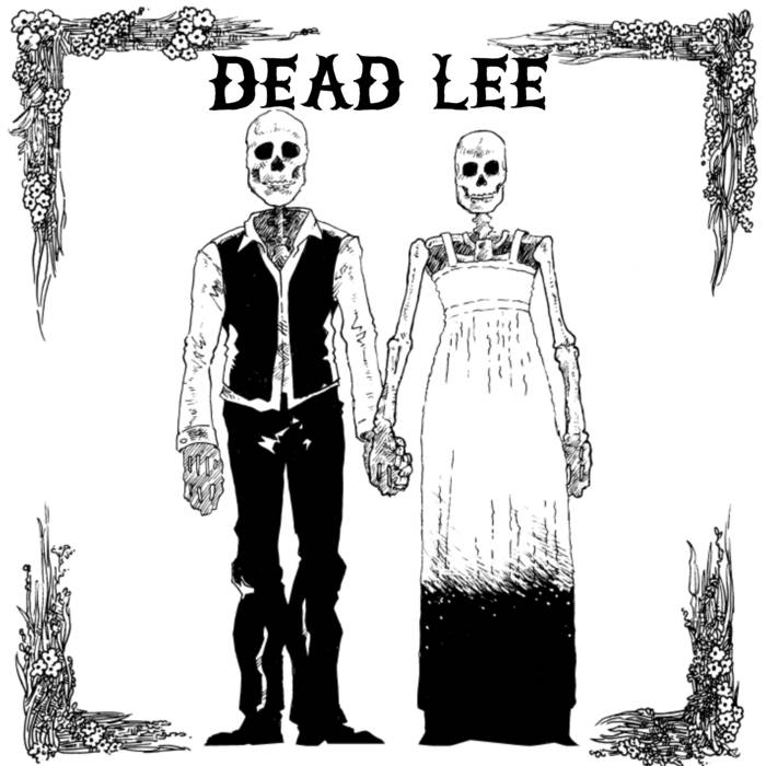 Black and White Illustration of husband and wife skeletons holding hands